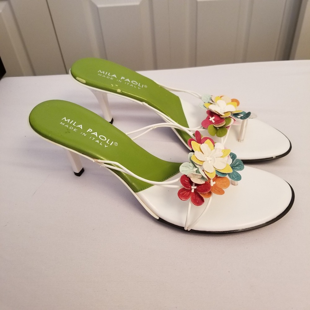 Mila Paoli Italy White Leather Floral Applique Kitten Heel Sandals Thong Mules 9